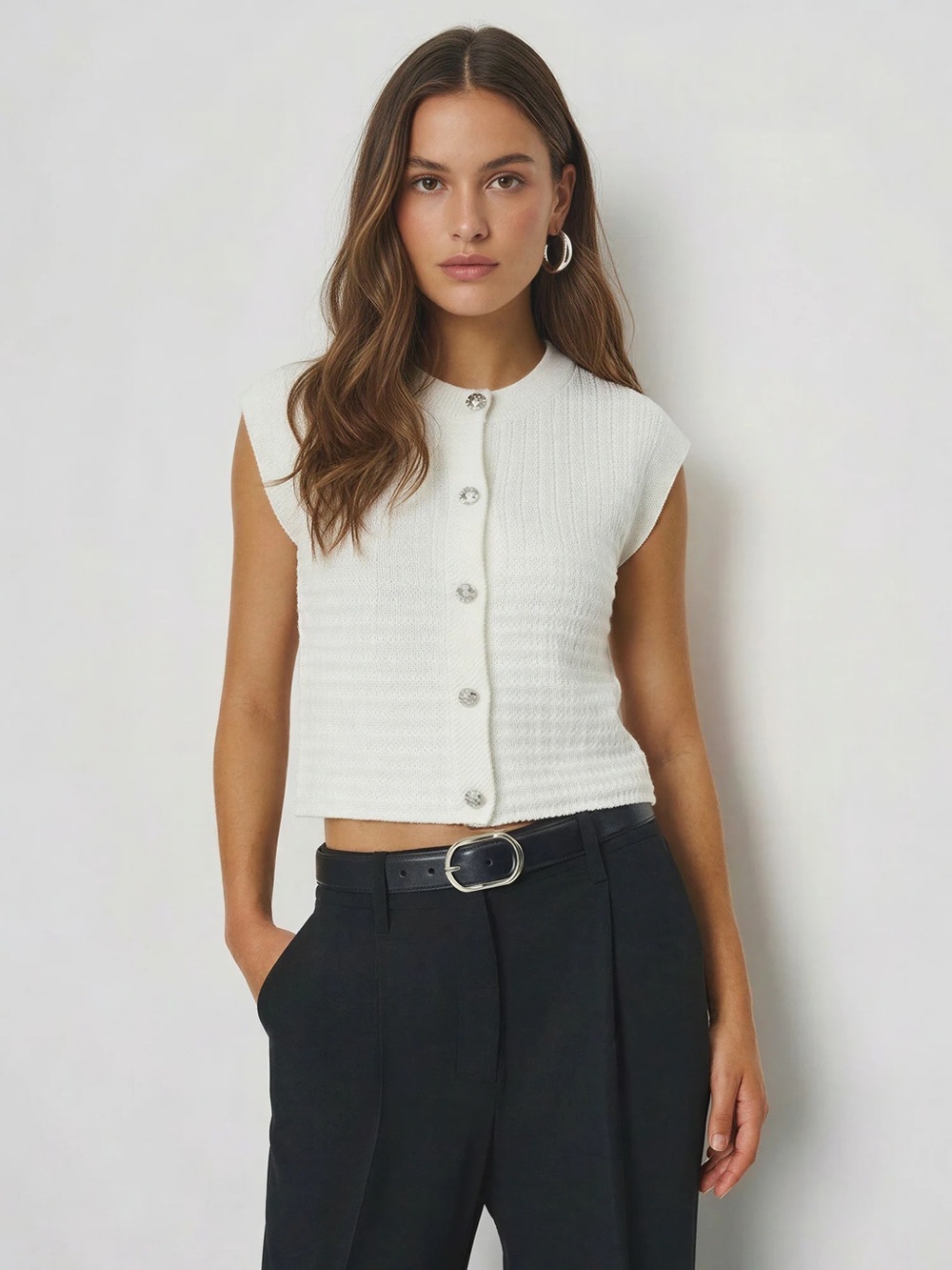Sleeveless Textured Knit Lady Button Sweater Vest - Ivory